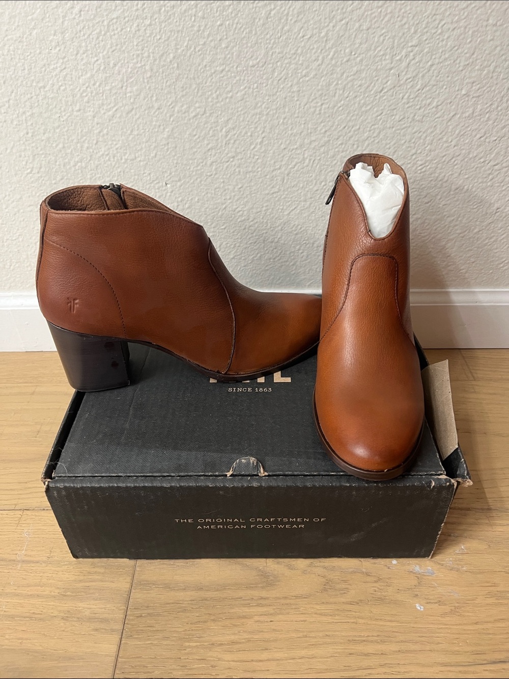 Frye Cognac Leather Ankle Booties with Block Heel